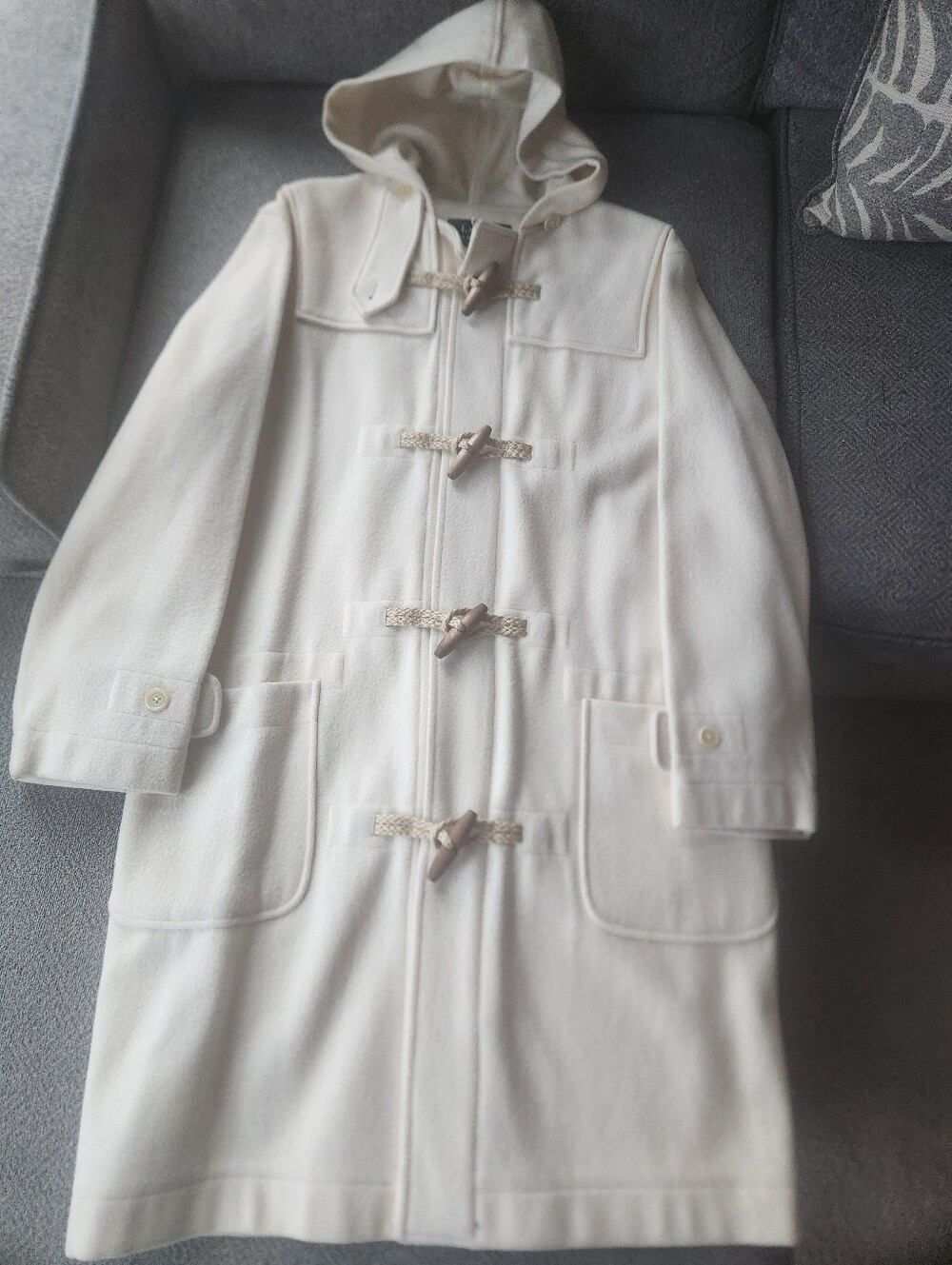 Cream Ralph Lauren Wool Hooded Button Longcoat Med